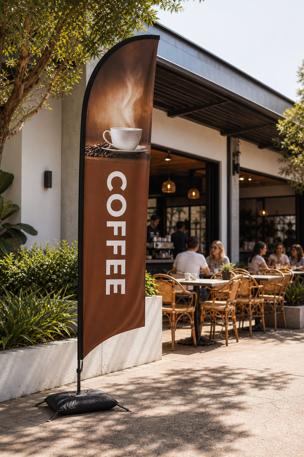 Classic brown Coffee feather flag outside a café