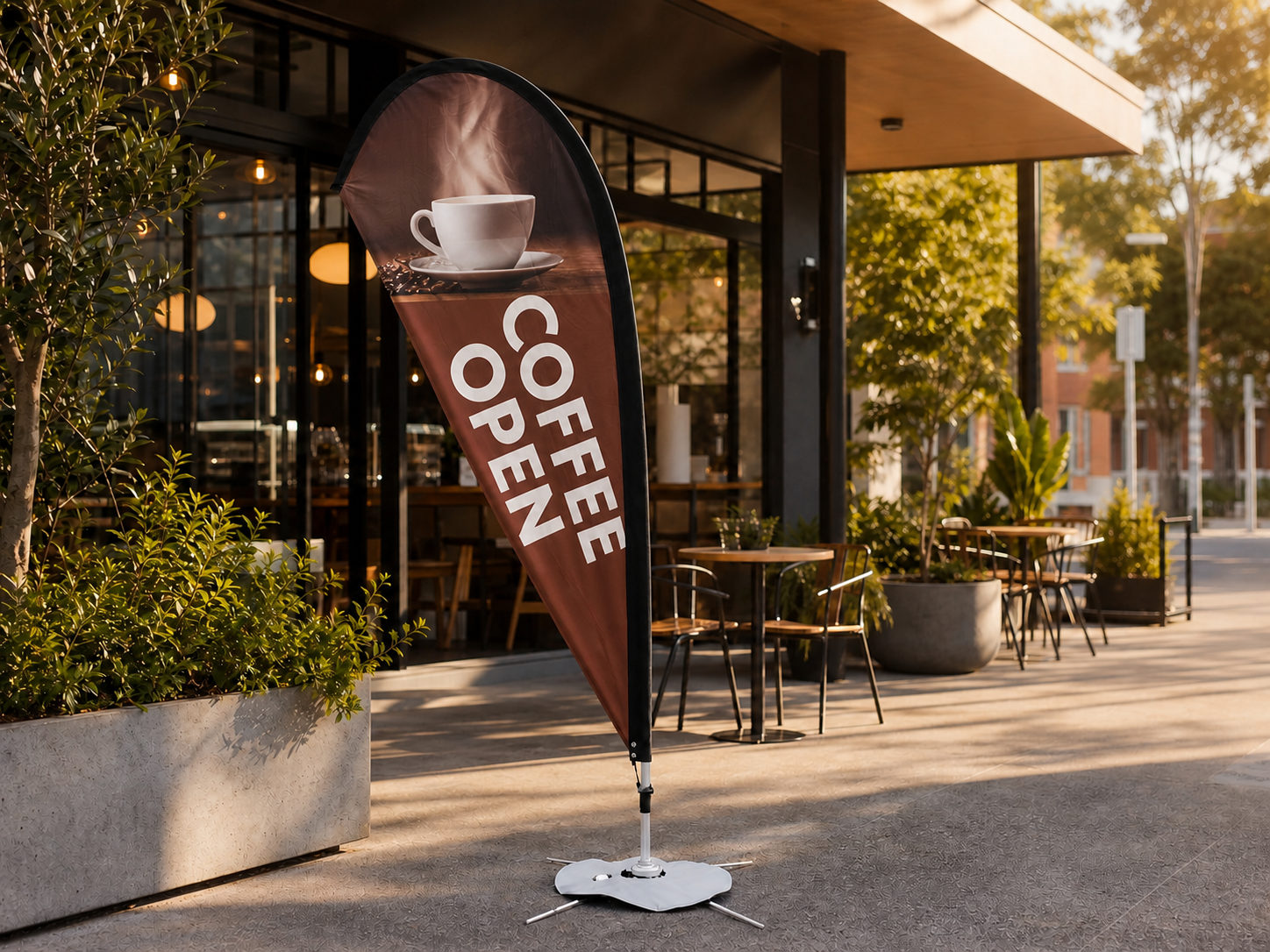 Brown teardrop coffee flag reading Coffee Open outside a café
